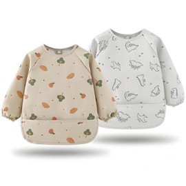 MOJINL Baby Bibs with Sleeves, Soft and Skin-friendly Sleeves, Waterproof Bib Baby with Long Sleeves, Machine Washable, Pack of 2