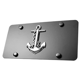 LFPartS Navy Ship Anchor 3D Emblem on Stainless Steel License Plate (Plate 12"x6", Chrome Emblem on Black)