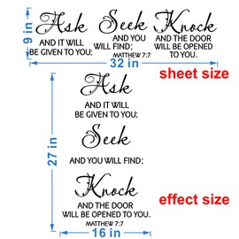 ANFRJJI Ask Seek Knock Bible Quote Wall Decal - PVC Removable Vinyl Sticker - Matthew 7:7 Scripture Art for Living Room, Study, Church - Effect 27"X16" inch (black-JWH217)