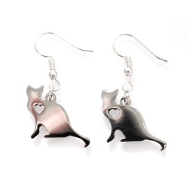 Miniblings Cat with Heart Earrings Pendant Animal Kitten Cat Stainless Steel – Handmade Fashion Jewellery I Earrings Silver Plated, Stainless Steel