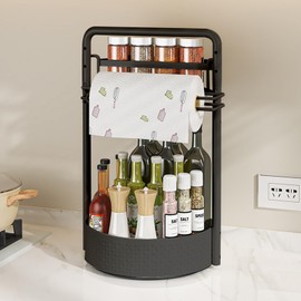 2 Tier Rotating Spice Rack Organizer with Paper Towel Holder, Lazy Susan Turntable Kitchen Organizer for Countertop & Cabinet, Metal Spice Rack for Bottles, Jars, Condiments, Black
