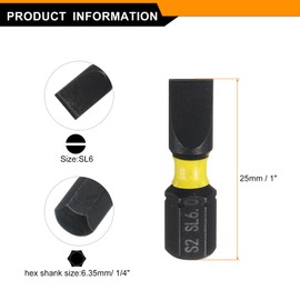 sourcing map 2pcs SL6 Slotted Screwdriver Bit 1/4" Hex Shank 25mm/1" Length Magnetic Flat Head Hex Bits S2 Steel Screw Driver Bit Industrial Grade Electric Drill Bits