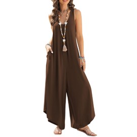 Happy Sailed Summer Jumpsuits for Women Overalls Casual Sleeveless V Neck Ruched Oversized Loose Stretchy One Piece Wide Leg Jumpsuit Romper Outfits Brown Large