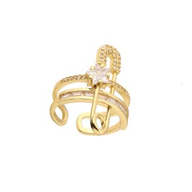 KOFISNI Safety Pin Ring for Women Dainty Sparkling Crystal Star Open Ring Adjustable CZ Rhinestone Paperclip Stacking Rings Chunky Gold Statement Wedding Jewelry Gift (Gold CZ)