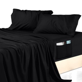 Utopia Bedding Queen Size Sheet Set, Soft Microfiber 4 Piece Hotel Luxury Bed Sheets with Deep Pockets - Embroidered Pillow Cases - Side Storage Pocket Fitted Sheet - Flat Sheet (Black)
