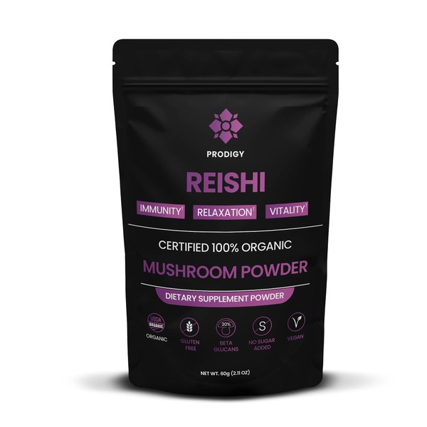 Organic Reishi Mushroom Extract Powder by Prodigy Research - Extracted Exclusively from Fruiting Bodies - β-D-glucans > 30% - Supplement for Immune Support Relaxation and Improved Sleep - 60 Servings