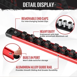 Reniteco Reniteco Magnetic Socket Organizer, 3-Piece Heavty Duty Aluminum Socket Holder, Socket Rail for Tool Box, Premium Quality 360 Swivel Socket Rack Kit with 40 Clips for 1/2, 3/8, 1/4-Inch(Red)