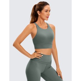 CRZ YOGA Womens Butterluxe Strappy High Neck Longline Sports Bra - Wireless Criss Cross Back Padded Workout Cropped Top Grey Sage X-Large