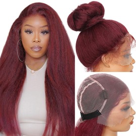 WIGNEE Full Lace Kinky Straight Wig 30 Inch Synthetic Yaki Straight Wig 180% Density Pre-Plucked Kinky Wig with Baby Hair Yaki Wigs For Black Women Daily Use(Red)