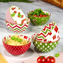 Holiday Fun 30 oz Porcelain Serving Bowls – Set of 6 Assorted Festive Designs – Christmas Pasta, Soup, or Snack Bowls – Perfect for Entertaining or Gifting – Dishwasher Safe
