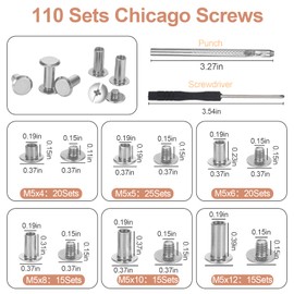 Set of 110 Silver Screw Rivets for Leather Set, M5 x 4/5/6/8/10/12 mm, Book Screws, Chicago Binding Screws Kit, 6 Sizes with Assortment Box, Rivets for Leather Bags, Belts, Backpacks, DIY Crafts