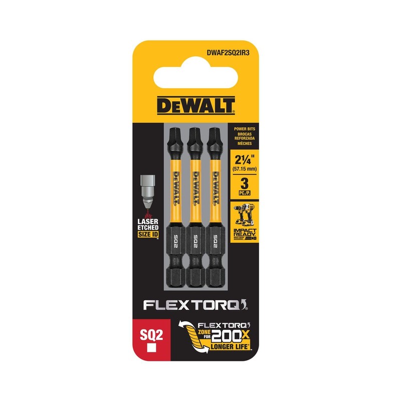 DEWALT FLEXTORQ Square #2 Bits 3Pk, Robertson 1/4 x 2-1/4in