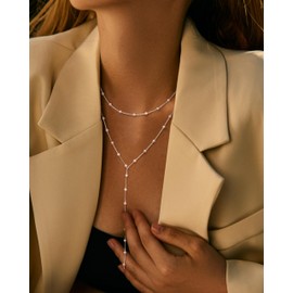 CASSIECA Layered Chain Women's Silver, Y Chain Silver Long Necklaces for Women Trendy Lariat Y Shaped Cubic Zirconia Pearl Pendant Necklaces Fashion Jewellery for Women Gift