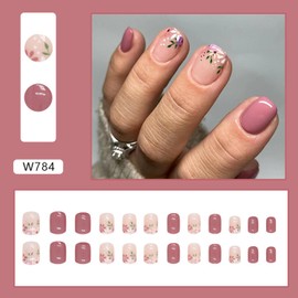 Summer Press on Nails,Short Coffin Shape Fake Nails,Pink Solid Color False Nails with Flower Design,Glossy Full Cover Stick on Nails for Women Daily Wear,Reusable Artificial Nails with Glue on Nails