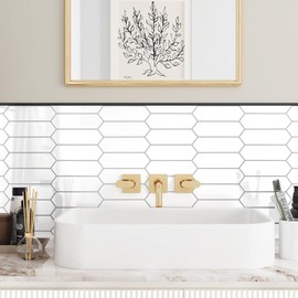 Skyblur 10 Tiles White Peel and Stick Backsplash for Kitchen Self Adhesive Wall Tiles Stick on Backsplash White Long Hexagon Waterproof Wall Tiles for Bathroom PVC Glossy White Tiles 12 x 12 Inch