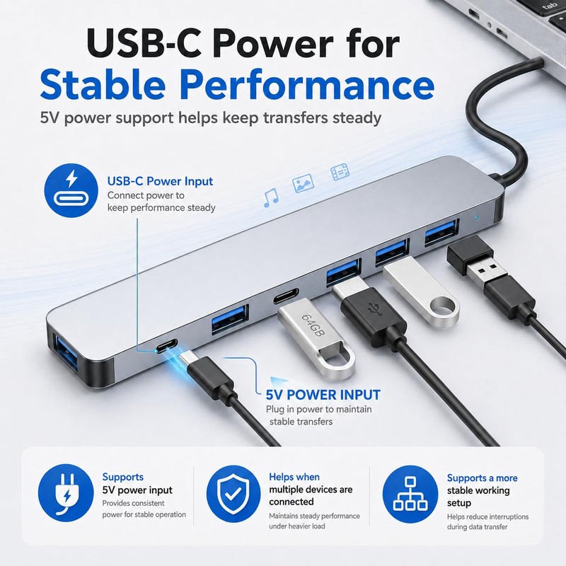 USB 3.0 Hub Splitter, 7 in 1 Aluminum USB Extender