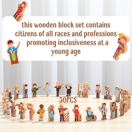 Blosssound 30 Pcs Wooden Community Helpers Toys Multicultural Career Wooden People Figures Small Diversity Professionals Wood Blocks for Preschool Classroom Play Games Educational Activity Supplies