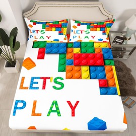 Feelyou Building Block Print Sheet Set King Size Kids Brick Styles Sheets with Deep Pocket Fitted Sheet for Boys Teens Colorful Bed Sheets Set Gaming Room Decor