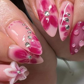 ROFIBUT 3D Flower Press on Nails Medium Almond Fake Nails with Rhinestone Design Summer Pink Petals Full Cover Glue on Nails Glossy Gel Flowers False Nails Reusable Artificial Nails for Women 24Pcs