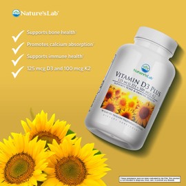 Nature's Lab Vitamin D3 Plus - Contains Vitamins D3 and K2 (MK7) for Immune Support, Healthy Bones and Cardiovascular Health* - Gluten Free, Non GMO - 90 Capsules (3 Month Supply)