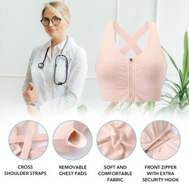Evercute Zip Front Post-Surgery Bra Women's Padded Wireless Sports Bras Strappy Medium Support Exercise Yoga Athletic Bras