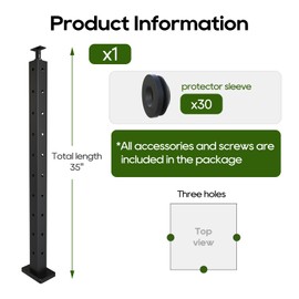 Corner Cable Railing Post 36" (35"x2"x2"), T-drilled Three Sides Corner Post, Angle Bracket Stainless Steel Railing Post, Black Deck Post with Cable Grommets, Surface Mount Post for Porches, Decks