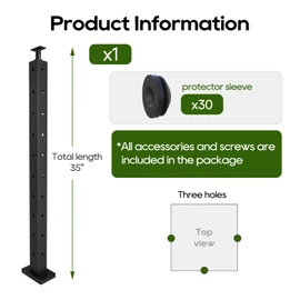 Corner Cable Railing Post 36" (35"x2"x2"), T-drilled Three Sides Corner Post, Angle Bracket Stainless Steel Railing Post, Black Deck Post with Cable Grommets, Surface Mount Post for Porches, Decks