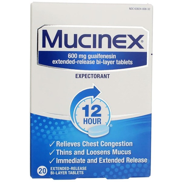 Chest Congestion, Mucinex Expectorant 12 Hour Extended Release Tablets, 20ct, 600 mg Guaifenesin with Extended Relief of Chest Congestion Caused by Excess Mucus. Thins and Loosens Mucus (Pack of 3)