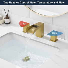 Kroias Brushed Gold 8 Inch Widespread Bathroom Faucet，Waterfall Bathroom 2 Handle Vanity Sink Faucet 3 Hole with Pop Up Drain and cUPC Supply Lines