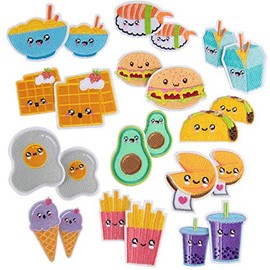 iDIY Kawaii Iron on Patches (24 Pack)- 12 Cute Sew On Patch Food Designs in 2 Sizes (2" & 2.5") Craft Kit for Clothing, Accessories & School Supplies