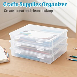 DricRoda 3 Pack A4 Paper Organizer Box, Plastic Scrapbook Paper Organizer for 8.5" x 11" Letter, Portable Storage Containers for Board Game, Craft, Document, Magazine, Art Supplies, 12.6 x 9 x 1.9 in