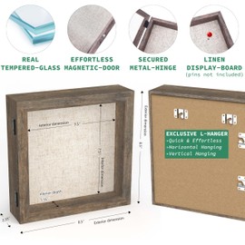 FrameWorks 8x8 Deep Shadow Box Frame, Wooden Display Case w. Linen Board & Tempered Glass Door - Brown Woodgrain - Small - Wall Mounted