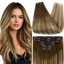 Full Shine Clip in Hair Extensions Balayage Brown Straight Clip in Human Hair Extensions Medium Brown Ombre Light Brown Mix Caramel Blonde Remy Human Hair Clip in Extensions 18 Inch 7 Pcs