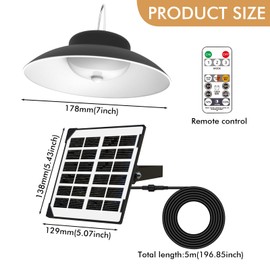 LEKEFETO Solar Pendant Light with Motion Sensor, Solar Pendant Lamp with Remote Control & 5 m Cable, 3 Colour Temperatures & 3 Modes, IP65 Waterproof, Solar Lights, Pendant Light, for Gazebos, Garage