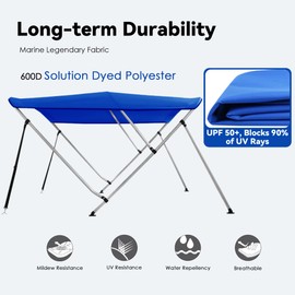 Deckpro Waterproof Boat Bimini Top Cover, 600D Solution Dyed Polyester Fabric Canvas Sun Shade Boat Canopy - 1" Double Wall Aluminum Frame Tube, 2 Straps 2 Rear Support Poles, Storage Boot