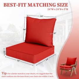 Kimunuk Outdoor Seat Cushion Set 24 L X 24 W X 5 H Inch Waterproof & Fade Resistant Patio Furniture Cushions with Removable Cover with Non-Slip Pads and Straps for Sofa Chairs, Chairs