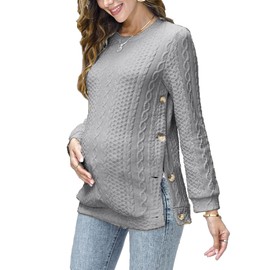Women's Cable Knit Maternity Tops Round Neck Long Sleeve Pregnancy Nursing Pullover Sweatshirt Double Split with Buttons Light Grey L