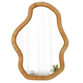 XQXJJZSP Boho Irregular Rattan Mirrors for Wall 22 X 30 Inch, Hanging Rustic Bathroom Mirror for Over Sink, Handmade Farmhouse Decorative Wavy Mirrors for Living Room Hallway Entryway Bedroom