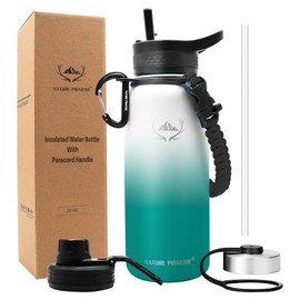 NATURE PIONEOR Insulated Water Bottles with Paracord Handle - 32 oz Vacuum Sports Wide Mouth Water Bottle with 3 Lids, Leak Proof Stainless Steel Keeps Hot and Cold