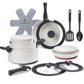 23 Pcs Nonstick Pots and Pans Set with 4 Detachable Handle, Ceramic Cookware Set Non Toxic, Induction Dishwasher Oven Safe Cookware Set, RV Kicthen Set Removable Handle, White Granite