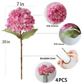 mizii 4Pcs Pink Artificial Hydrangea Flowers Large Fake Silk Hydrangea Flower with Leaves Stems Realistic Faux Hydrangeas Decorations for Wedding Table Centerpieces Vase Home Decor (Pink)