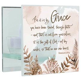 Elanze Designs for It is by Grace You Have Been Saved - Ephesians 2:8-9 - 4x2.5 Inch Brown White Frosted Glass Square Tabletop Candle Holder - LED Tealight Candle Included