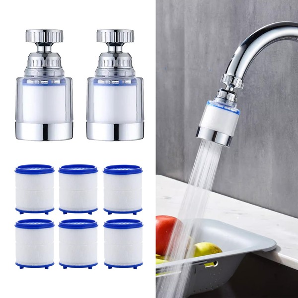 2 Pcs 360 Degree Rotating Faucet Filter Water Purifier Faucet Filter Purifier for Kitchen,Bathroom Sink,Removes Chlorine Fluoride Heavy Metals and Hard Water,with 6 Filter Cartridges