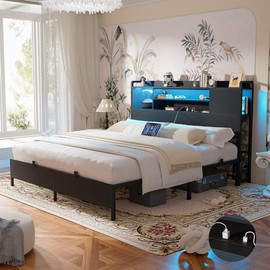 Homieasy King Bed Frame with Headboard, King Size Metal Platform Bed Frame with Reversible Storage Bookcase Headboard, Charging Station and LED Light, No Box Spring Needed/Noise Free, Black - mattress & bed frame size: Queen Size