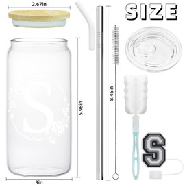 AiHeart Initial Glass Cup, Birthday Gift for Women,16OZ Glass Tumbler with Lid and Straws, Funny Mothers Day, Wedding Day,Smoothie Glass Cup for Tea Juice Coffee -S