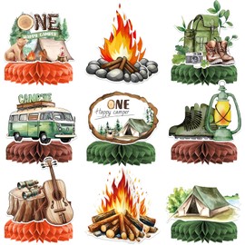 9 PCS Camping Honeycomb Centerpieces with Fake Campfire, Camping Table Decorations, Camping Decorations, Camping Themed Party Decorations, Camping Decor