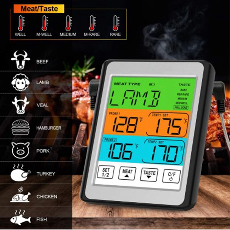 Digital Thermometer Dual Probe Meat Temperature Meter Tester Timer Alarm