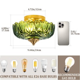 Bgfeoa Semi Flush Mount Ceiling Light,Vintage Ceiling Light 9.44 Inch E26 Small Green Glass Ceiling Lighting for Living Room Kitchen Bedroom Hallway 3 Light(Bulb Not Included)