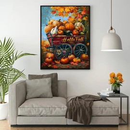 Hello Fall Pumpkin Cart Leaf Diamond Art Kits for Adults, 5D Diamond Painting Kits for Adults Beginners, DIY Full Round Drill Diamond Dot Painting Gem Art Kits for Adult,Home Wall Decor 11.8x15.7 Inch
