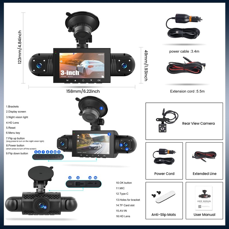 4 Channel 360°Dash Cam Front and Rear Inside Left Right,3''